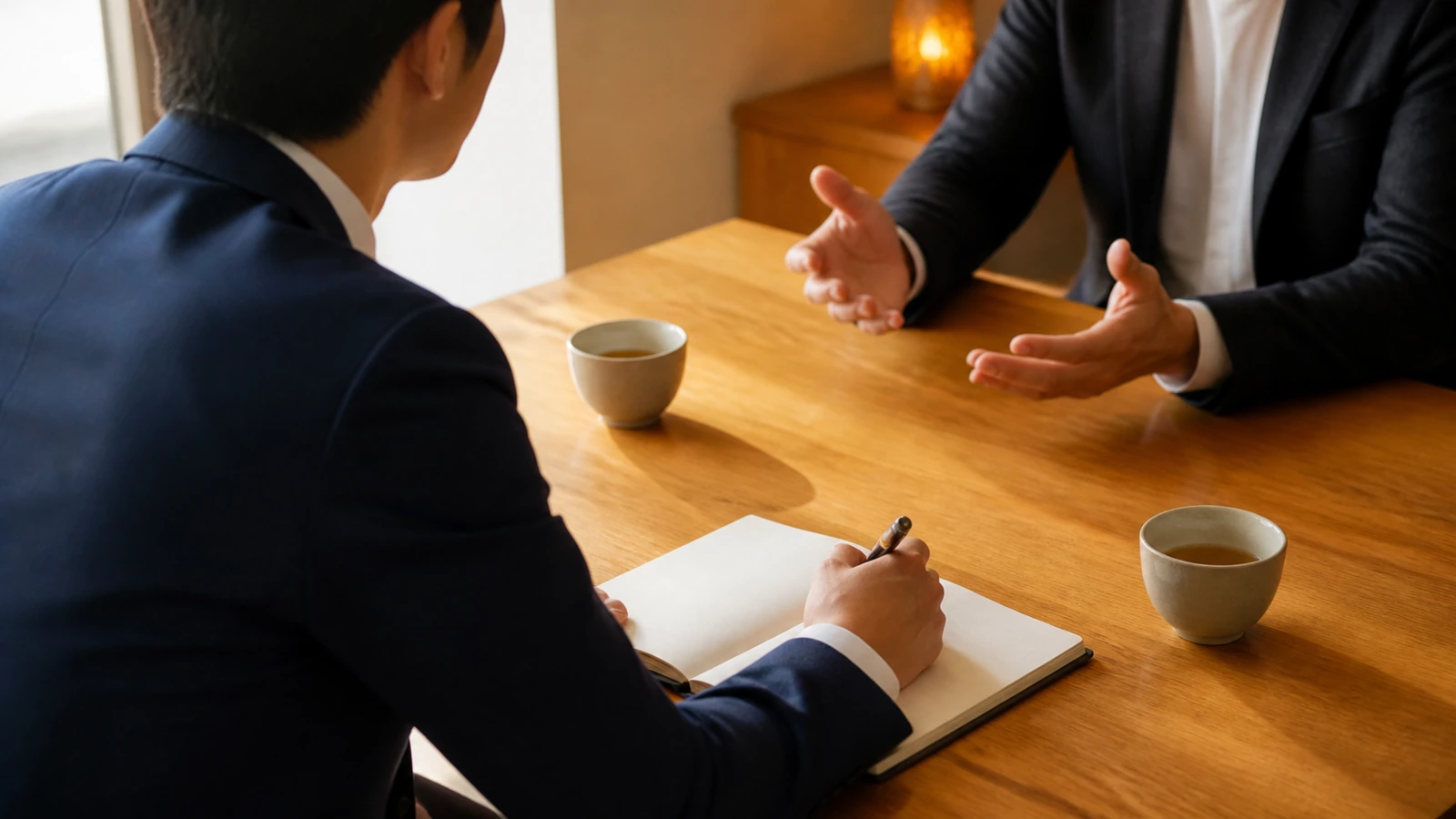 湯のみが2つ置かれた木のテーブルをはさみ、両手を広げて話す人と、開いた手帳にペンを持って向き合う濃紺のスーツの男性